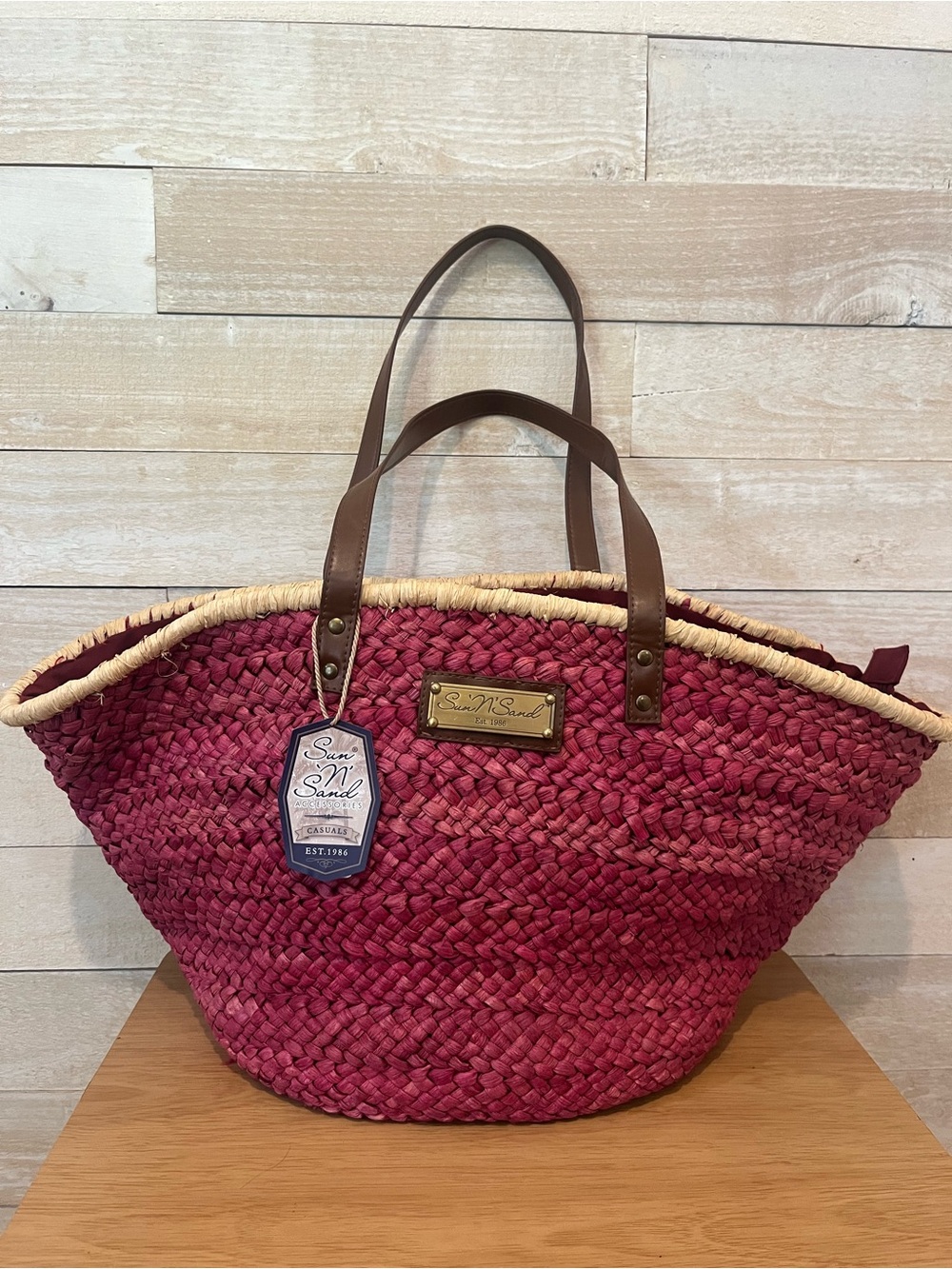 Sun N' Sand Women's Red Braided Woven Straw Tote with Leather Handles-Large